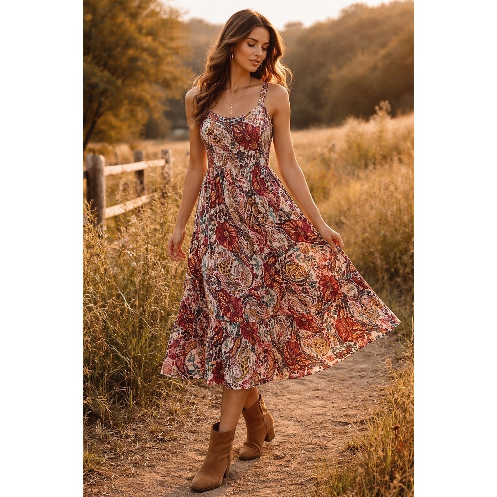 B•O•G Collective Women Paisley Floral Tiered Maxi Dress Small Square Neck Boho